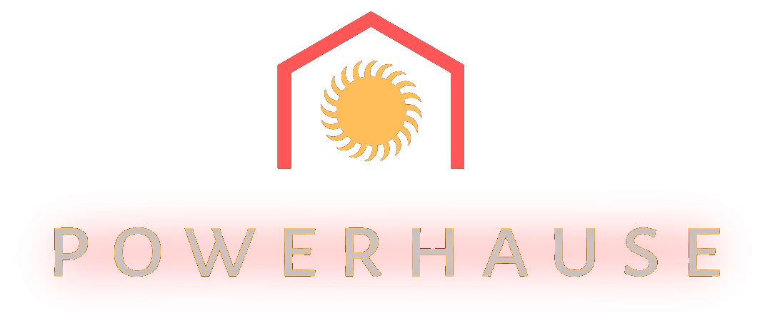 Logo featuring a red house outline with a stylized sun inside, above the word "POWERHAUSE" in bold red letters on a rounded rectangle.