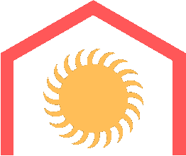 A red outline of a house with an orange sun symbol inside on a black background.